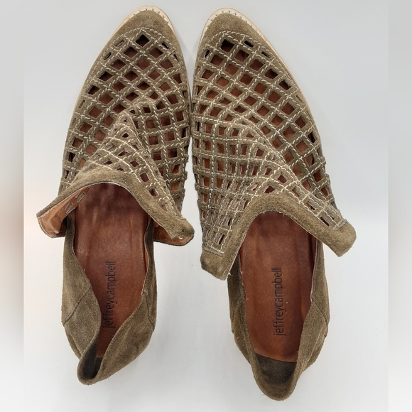 Jeffrey Campbell Taggart Olive Green Suede Cutout Stacked Heel Booties. - Picture 12 of 16